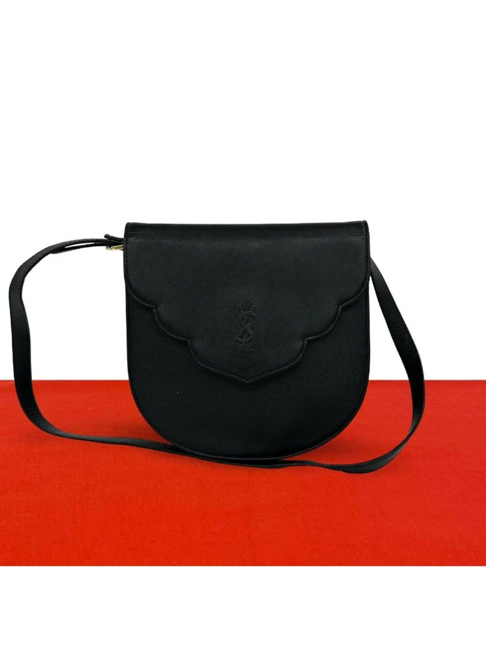 Saint Laurent Vintage YSL Logo Scallop Leather Mini Shoulder Bag Black